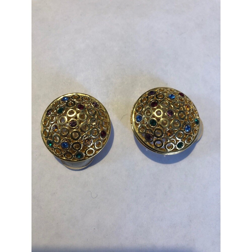 VINTAGE GOLD TONE HUGE CLIP ON EARRINGS DOME SHAPE WITH COLORED RHINESTONE